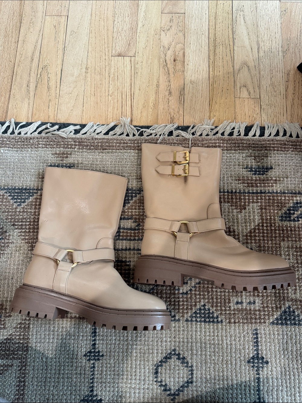 Twin-Set Beige Mid-Calf Combat Boots with Lug Sole